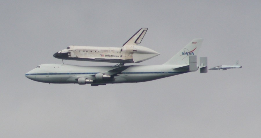 Space Shuttle Discovery flies over Langley