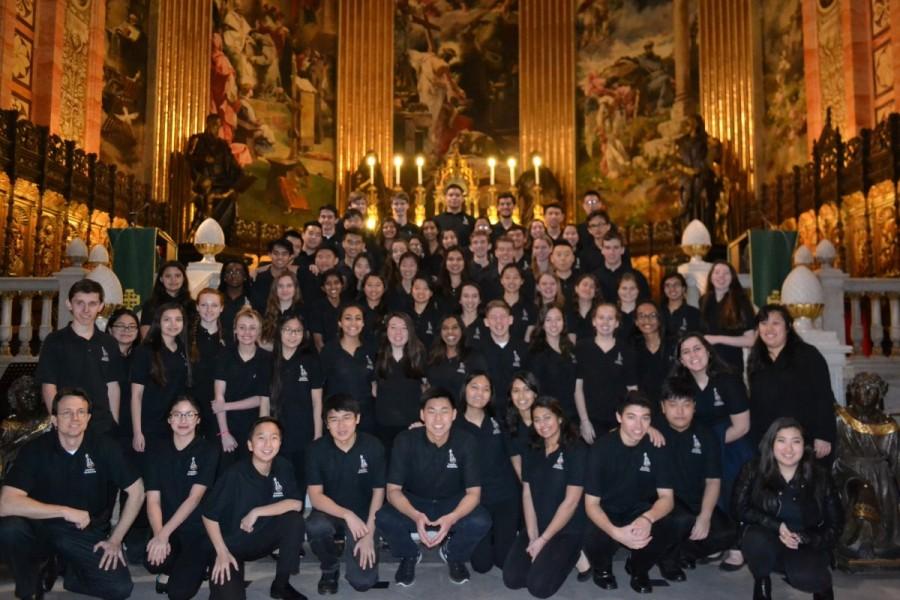 Students from the Langley Orchestra prepared for their performance in the Basilica of San Francisco in Madrid, Spain.