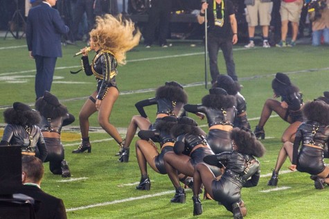 Beyoncé performs her new hit song, "Formation" at the Super Bowl 50 Half-Time Show, spreading awareness about police brutality and racial injustices.