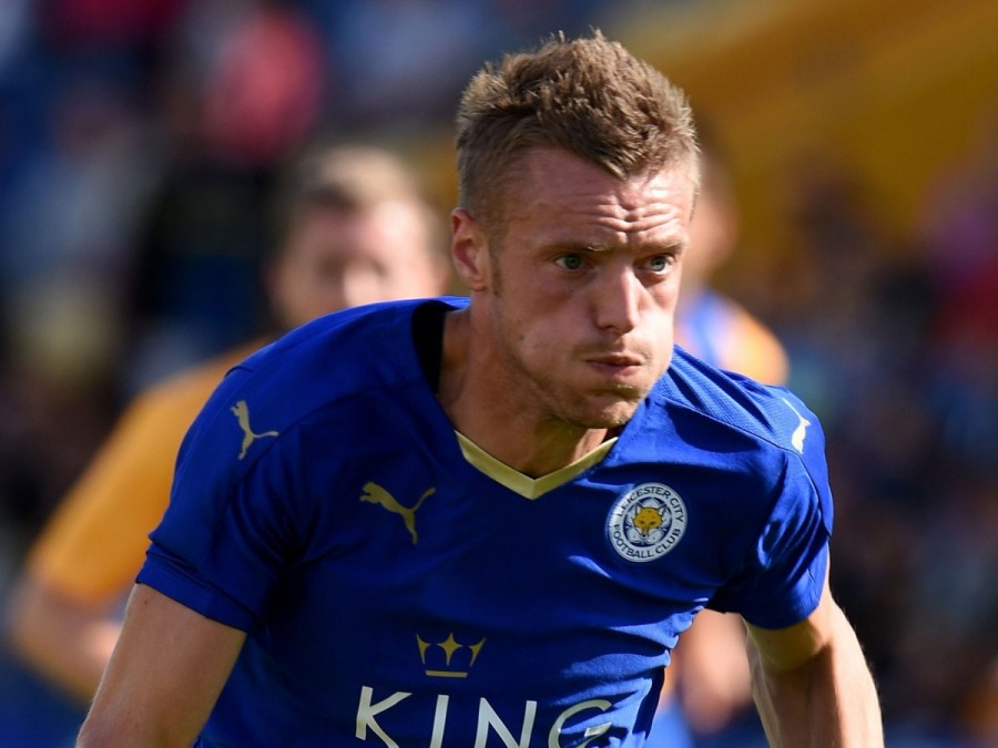Striker Jamie Vardy running for the ball in the Leicester v. Newcastle game. 
