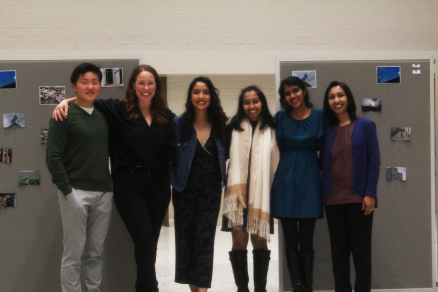Leaders of the 100 Cameras Snapshot Dhaka Project gathered at their gallery opening at Langley. Left to right: Andrew Kim (Thomas Jefferson Senior), Amanda Archibald (Langley Photo Teacher), Sumaiya Haque (Langley Senior), Mehran Sajjad (Thomas Jefferson Senior), and Ananya Amirthalingam (Langley Senior).