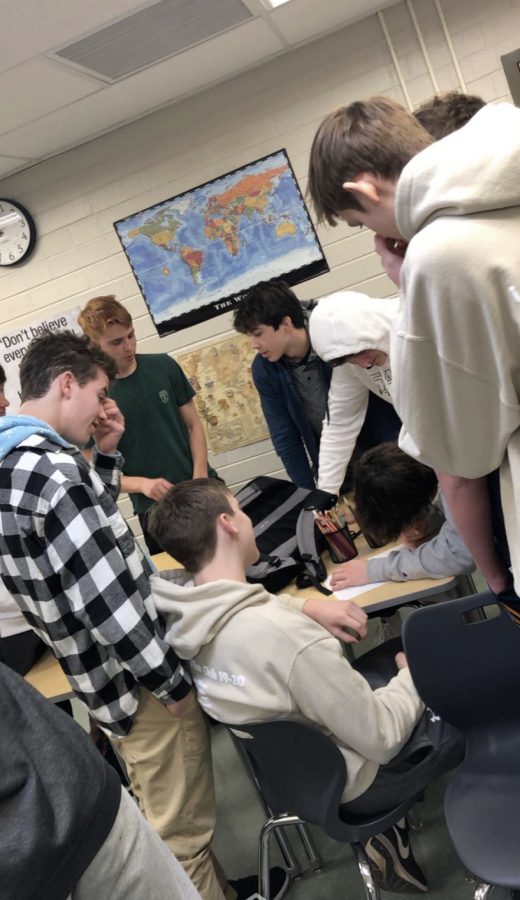 (From left to right) Sophomores Owen Kohm, Evan Preta, Eric Bellino, Will Jordan, and Ben Leone meet for an official meeting of the newest Langley Film Club (Photo by McDowell).