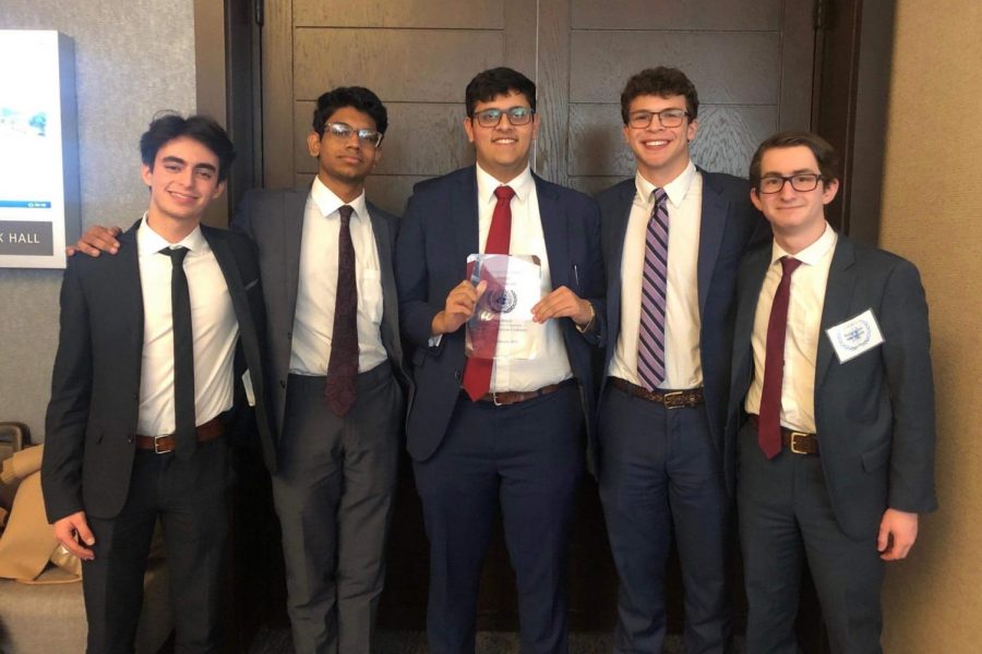 From left to right: seniors Diego Morandi, Surya Reddy, Kavye Vij, Alex Hutner, and junior Daniel Kalish pose with their fourth and final win at Old Dominion University (Photo by Stocks).