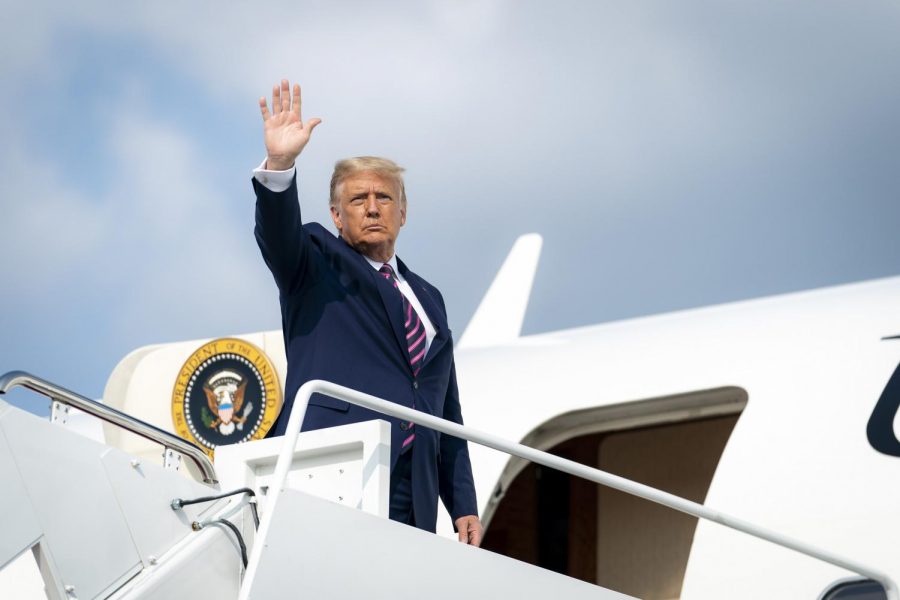 President Trump boards Air Force One days before testing positive for coronavirus. He had spent the day in meetings before leaving to host a Great American Comeback event in Bemidji, MN (Photo by White House).