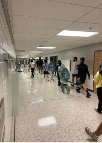 Students walk to the cafeteria on Tuesday, October 5th, two days after the reported incident. Many students decided to stay home on Monday because of the apparent threat, leaving the hallways half empty. 
